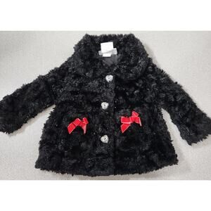 Mini Muffin Black Furry Button Up Coat 0-3 Months Rhinestone Buttons Bows Soft